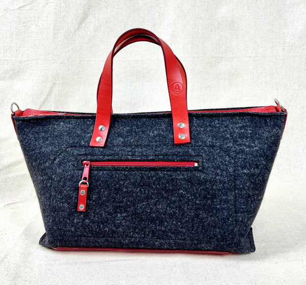Charcoal grey felt with red leather and red zipper