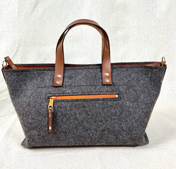 Bark brown felt with Chestnut leather and orange zipper